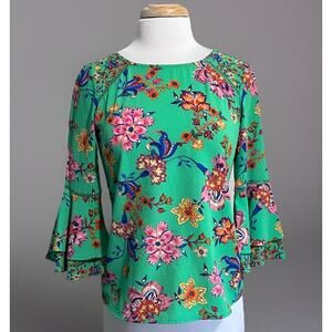 Fig and Flower Blouse Womens Petite Small Lime Green Jacobean Boho Peasant Top